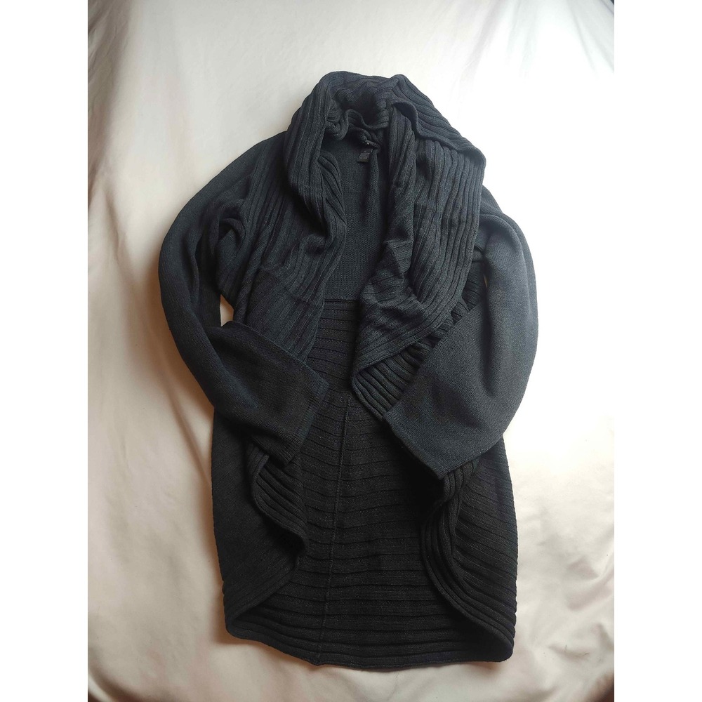 Alfani Womens XL Black Ribbed Open Front Draped Shawl Collar Cardigan Sweater